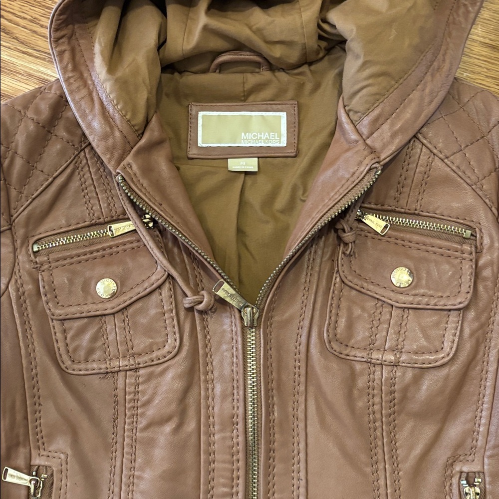 Michael Kors Tan Leather Hooded Jacket - Picture 2 of 7